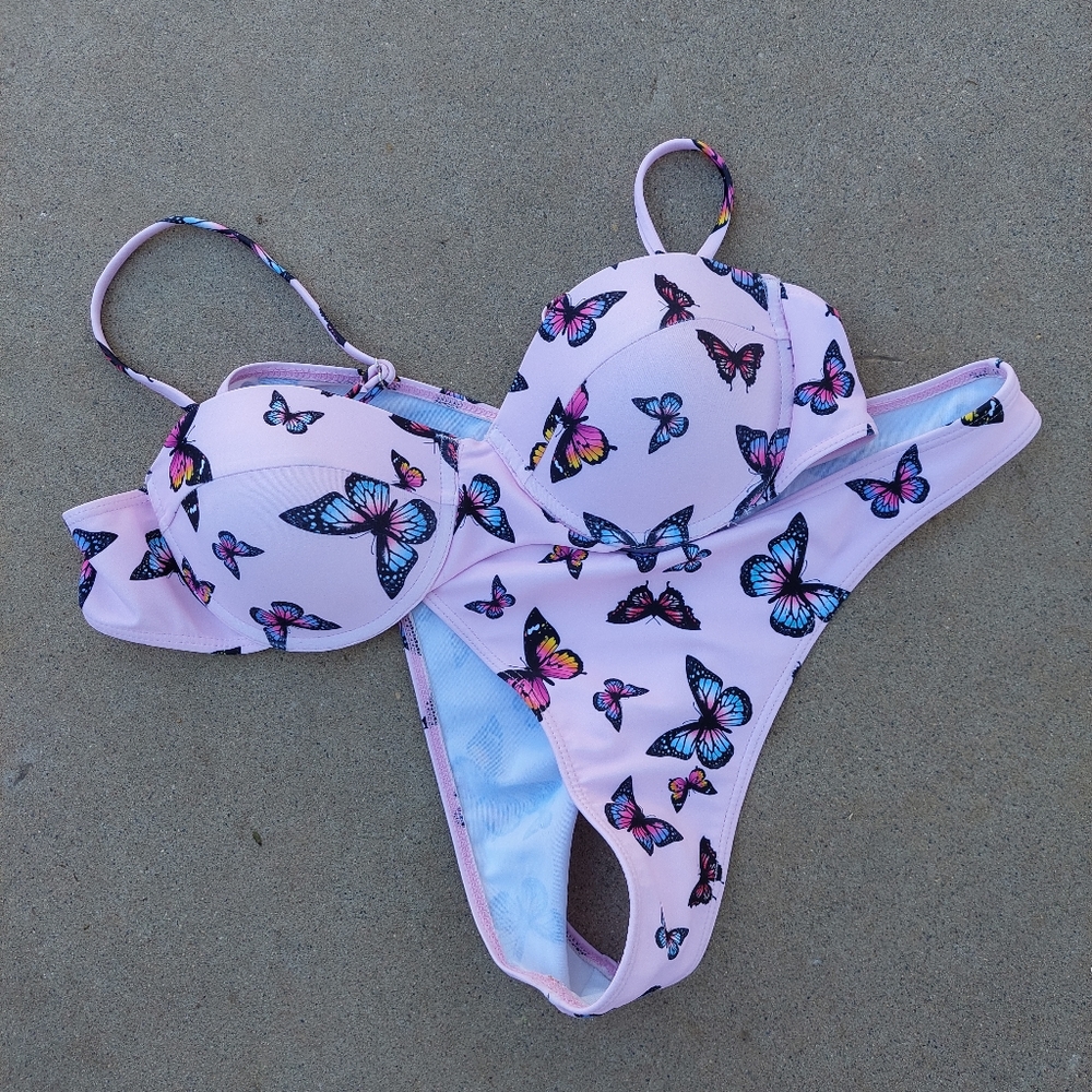 Pink Butterfly Highwaisted Bikini Top and Bottom Set